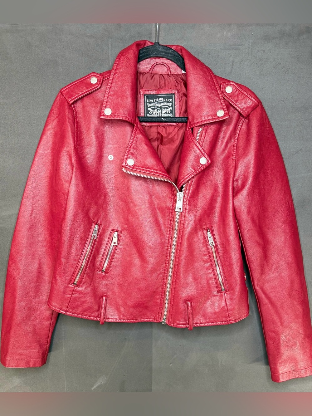 Levi Strauss & Co Jacket Womens Medium Red Faux Leather Moto Belted Zip Biker